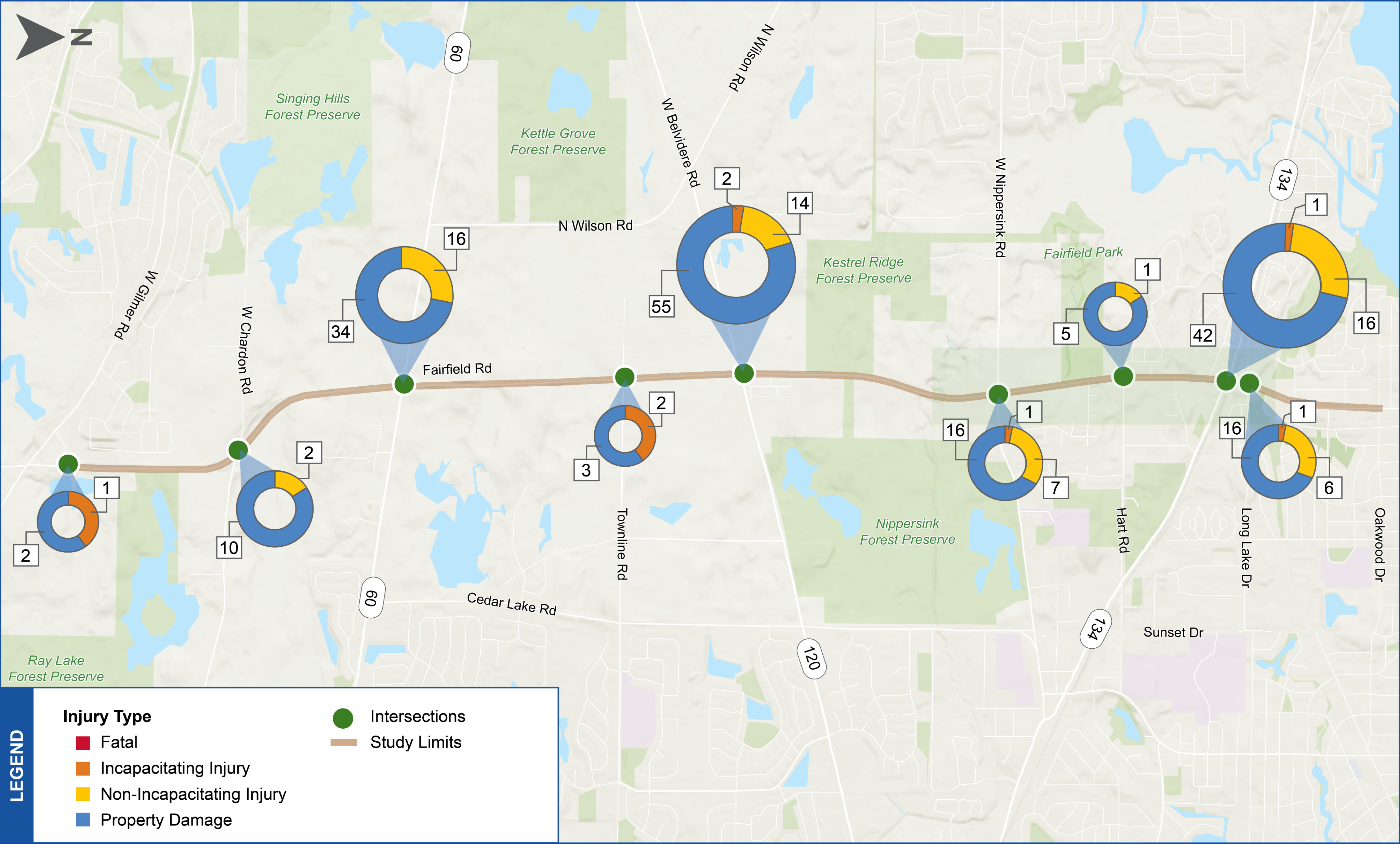 Intersection Crash Map for Fairfield Road Planning Study. Break down of crashes at each intersection in the study area.