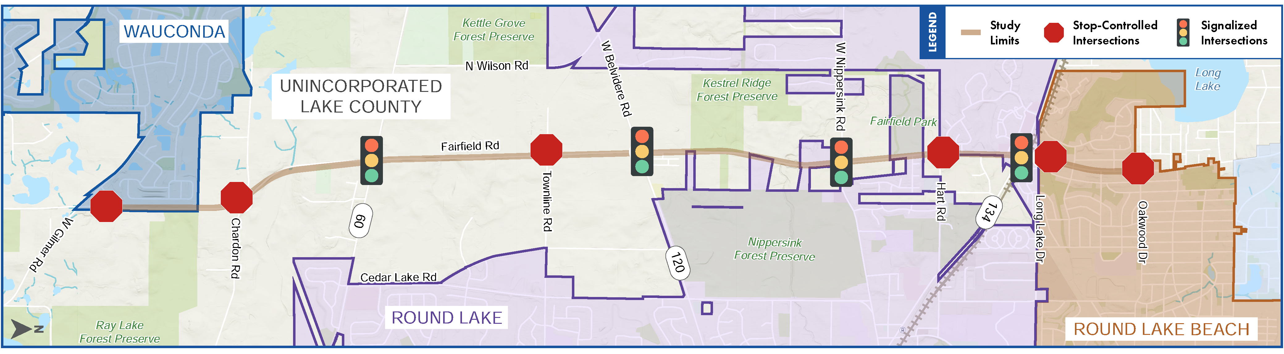 study limits, stop controlled intersections, and signalized intersections map